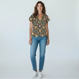 Caballero Floral Print Lightweight Short Sleeve Viscose Top Blouse Size Small